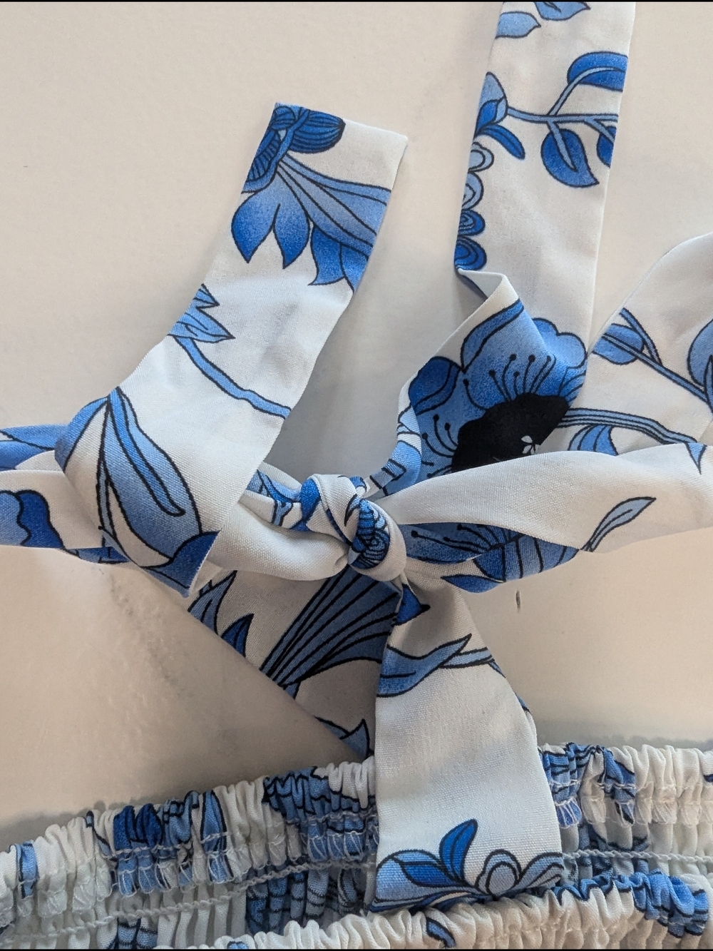 Blue White Floral Smocked Maxi Dress Tie Shoulder Strap Summer Beach Sun Dress L - Picture 8 of 11
